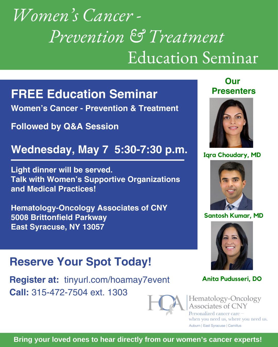 educational seminar on women's cancers like breast cancer and ovarian cancer set for May 7